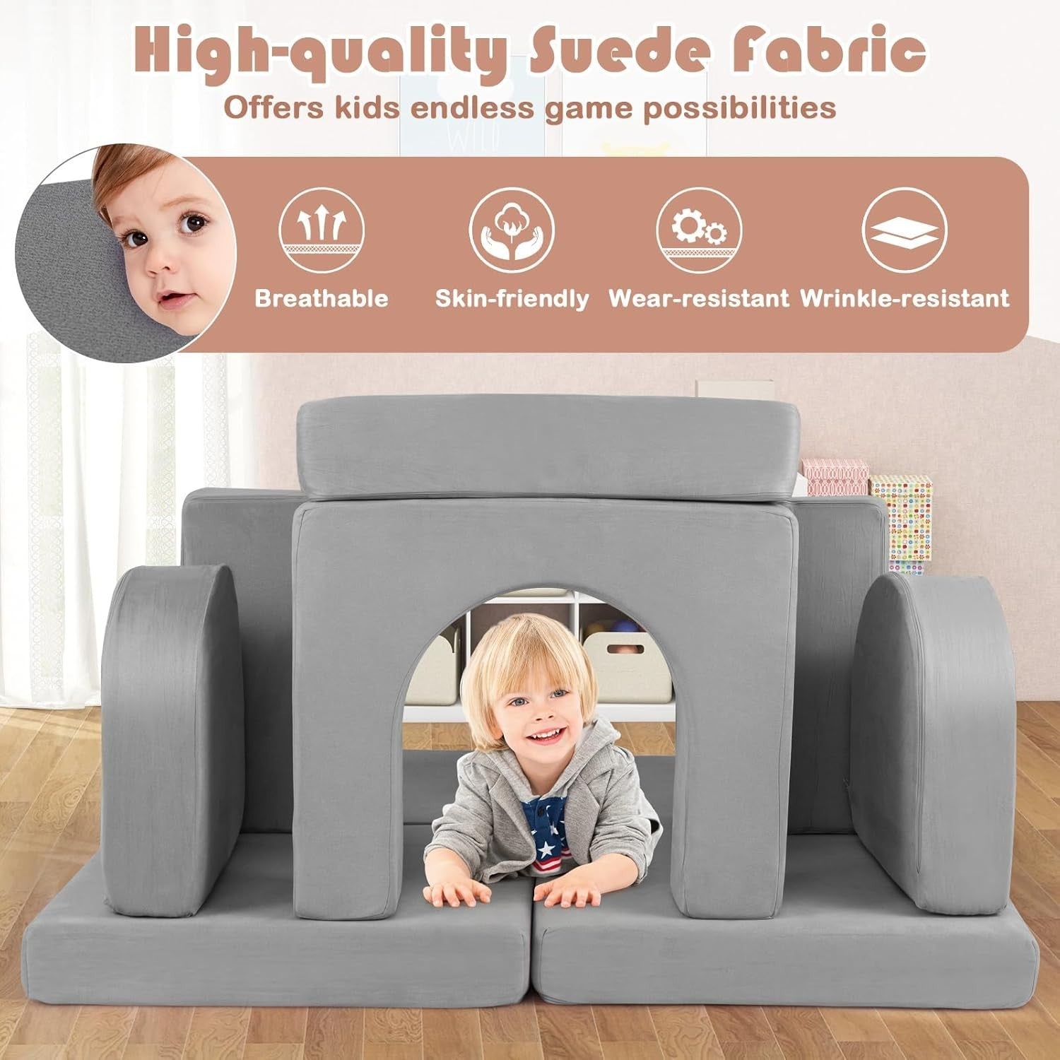 Kids Modular Play Sofa 8pc Couch Bed Set Grey Foam Furniture Washable
