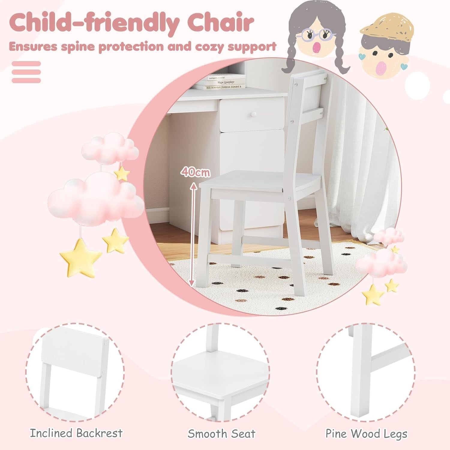 Kids Study Desk and Chair Set Wooden Writing Table Storage Shelves Drawer White