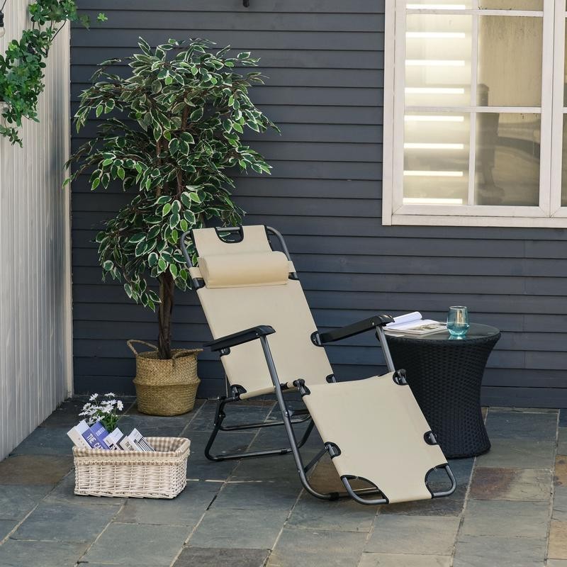 Adjustable Folding Recliner Sun Lounger Chair Beige Outdoor Garden