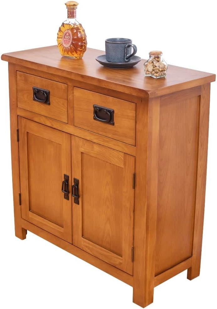 Rustic Oak Sideboard with 2 Drawers & 2 Doors – Solid Wood Mini Cabinet 75cm