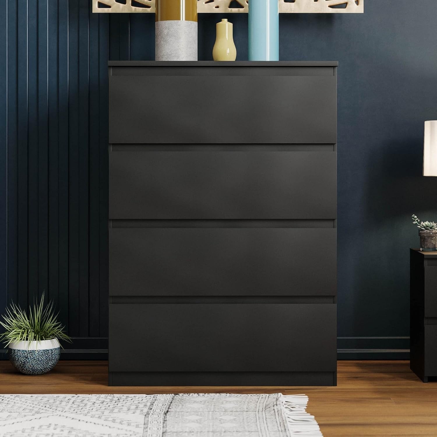 Black 4 Drawer Chest Modern Storage Unit – Slim Bedroom Dresser