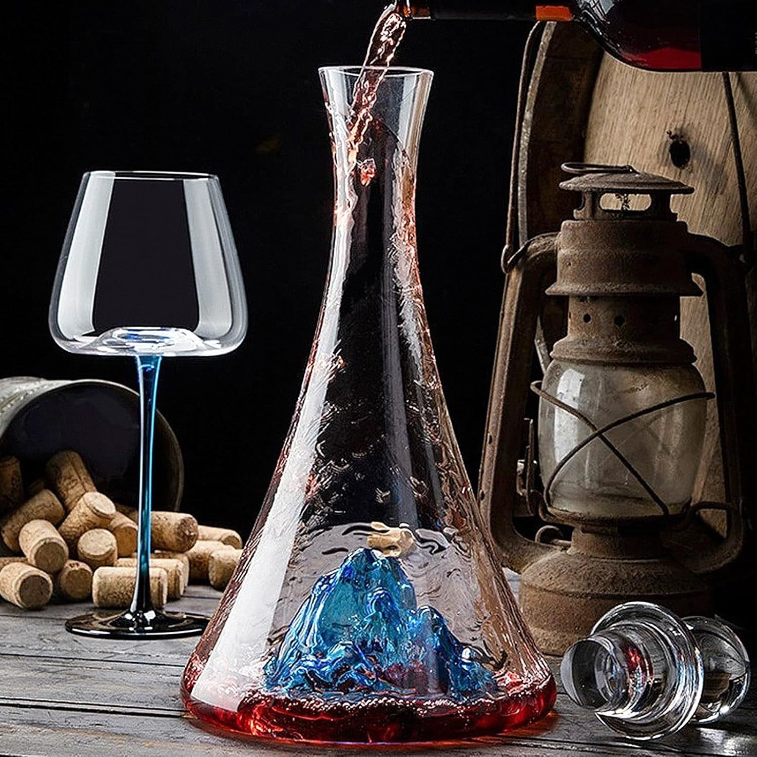 Crystal Wine Decanter 1.15L Blue Iceberg Waterfall Design Luxury Aerator