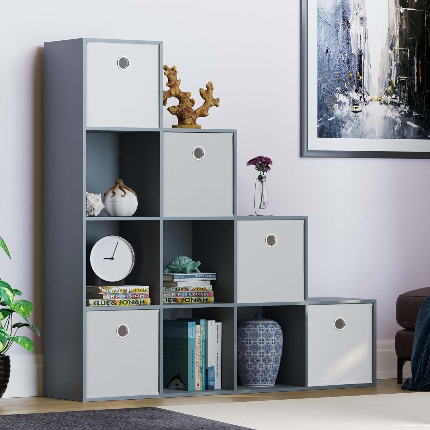 Grey 10 Cube Staircase Bookcase Shelf Unit + 5 White Storage Baskets Modern