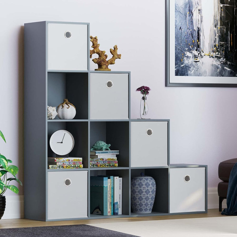 Grey 10 Cube Staircase Bookcase Shelf Unit + 5 White Storage Baskets Modern