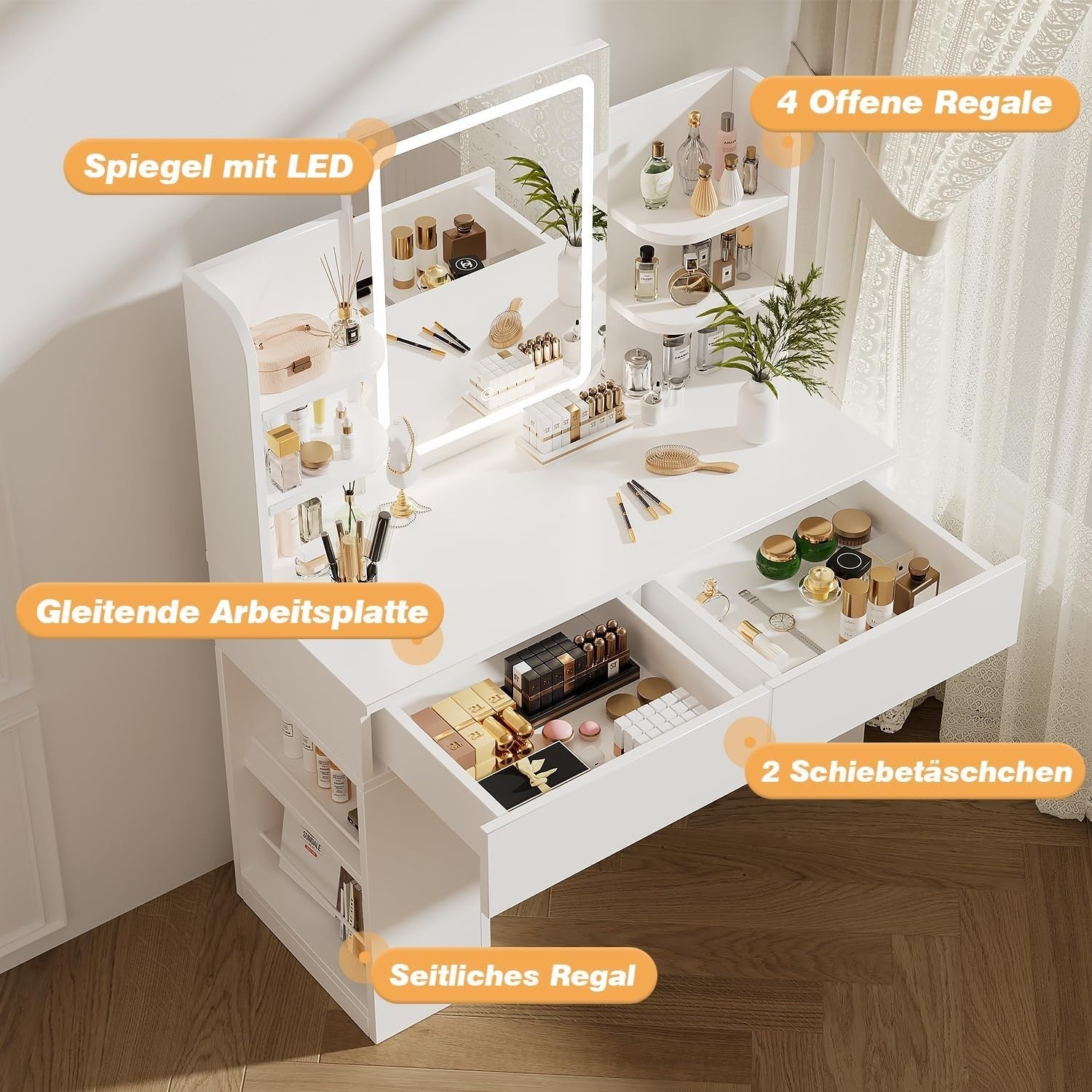 White Dressing Table Makeup Vanity LED Mirror 2 Drawers Storage Modern Wood