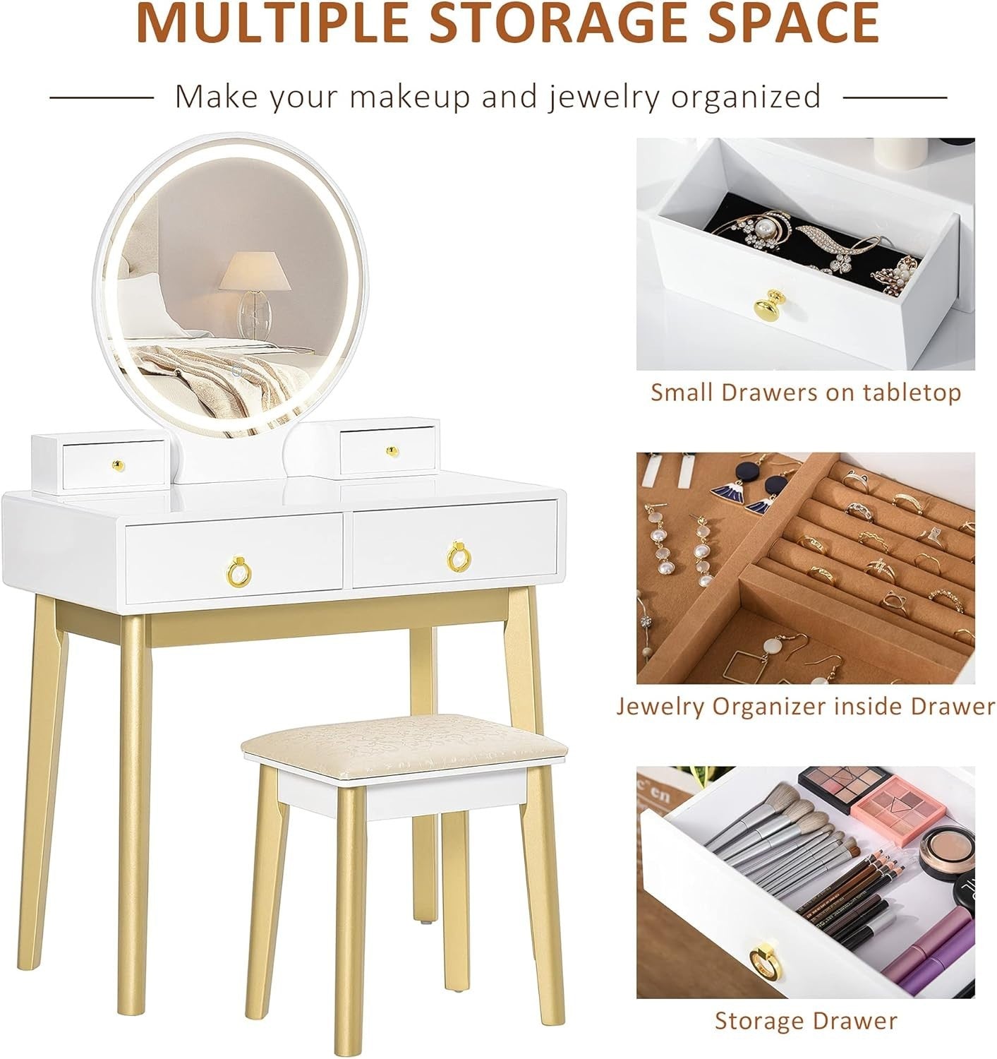 White Dressing Table LED Mirror Vanity Makeup Desk Stool 4 Drawers Set Modern
