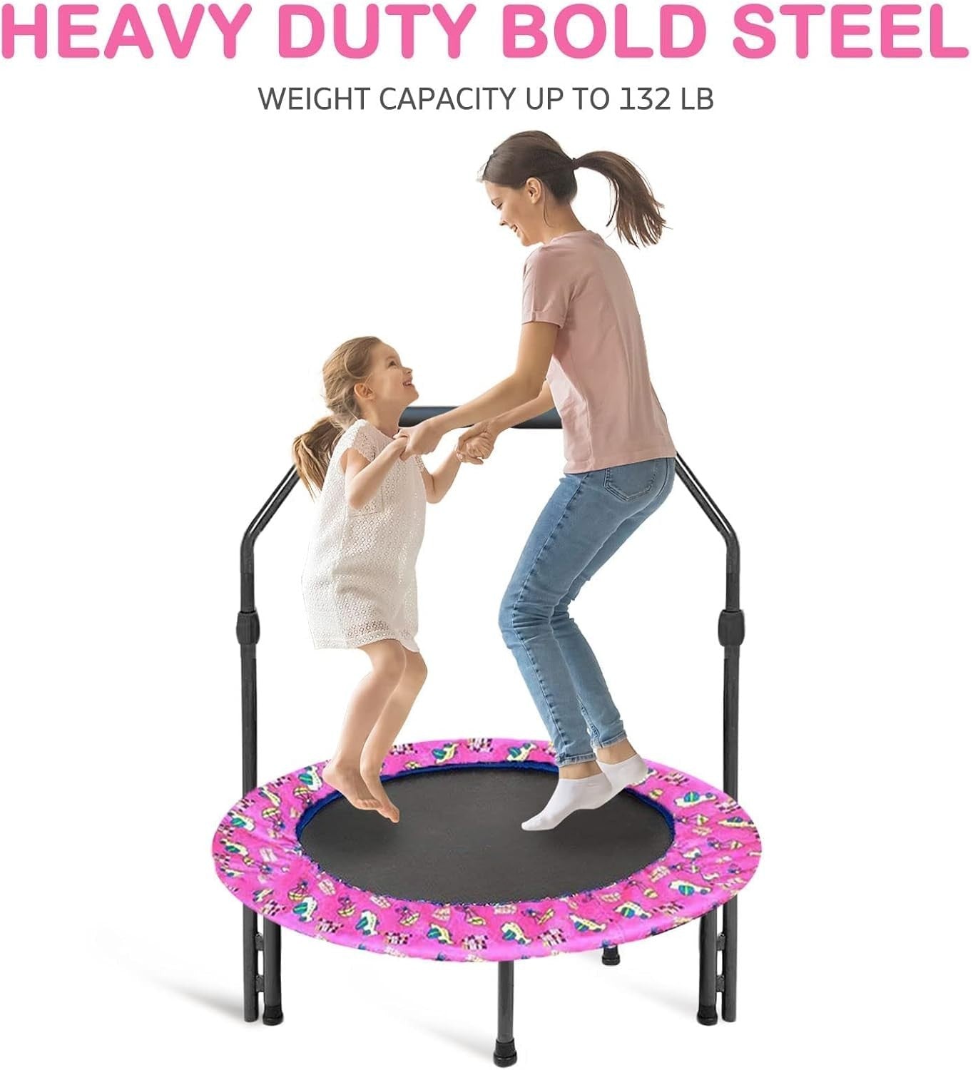 36'' Kids Mini Trampoline Quiet Foldable Adjustable Handle Safety Pad