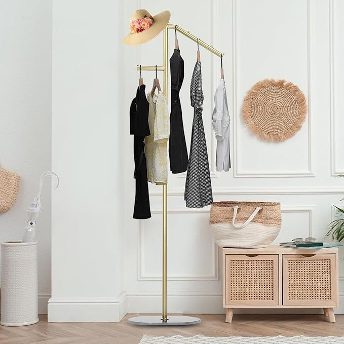 Gold & Black Marble Base Coat Rack 170cm L-Shaped Metal Clothes Organizer