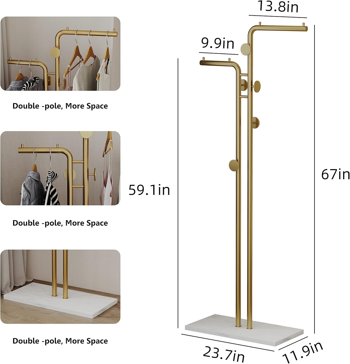 Gold Double Pole Coat Rack Freestanding with Marble Base 5 Hooks Modern