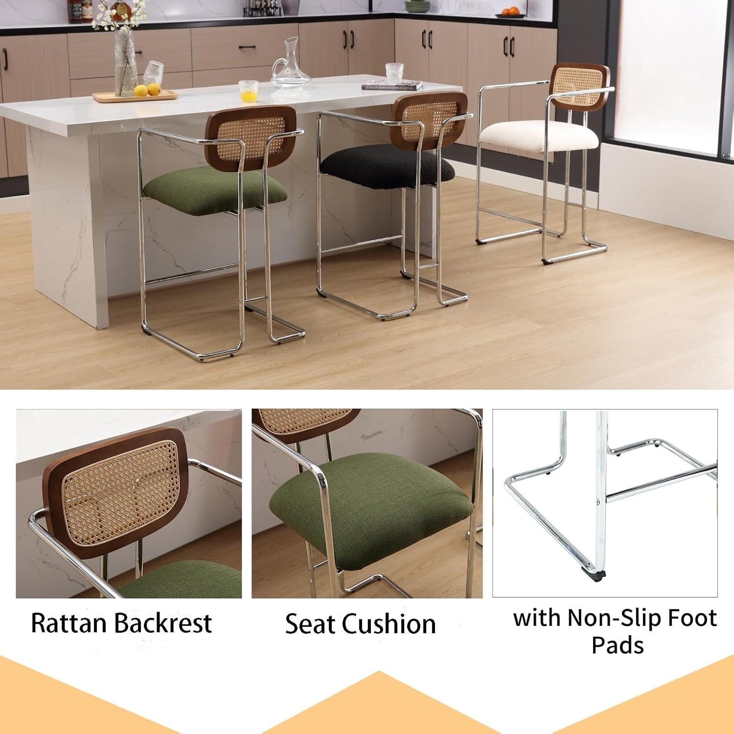 Bar Stools Set of 2 Green Linen Rattan Back Counter Chairs