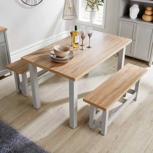 Oak Effect Dining Table & 2 Bench Set Grey Painted MDF Compact Kitchen Set