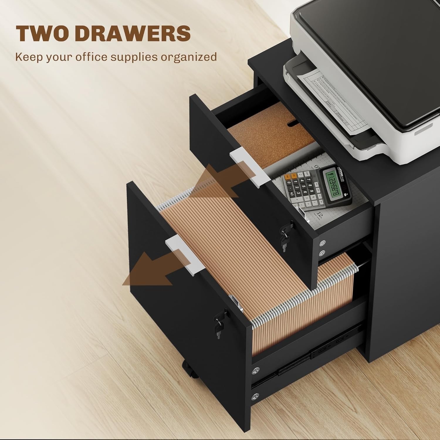 Black Mobile File Cabinet 2 Drawer Lockable Under Desk A4 Letter