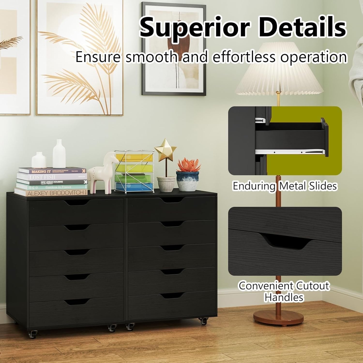Black Mobile 5 Drawer File Cabinet Rolling Under Desk Office Storage