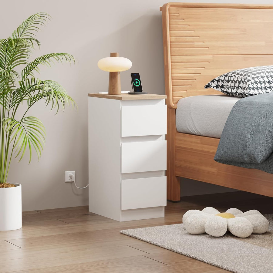 Slim Bedside Table with Charging Station USB Ports & 3 Drawers for Small Spaces