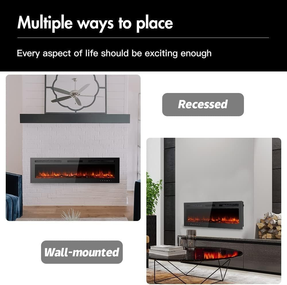 60in Electric Wall Fireplace 12 LED Flame Colours Remote Heater Recessed