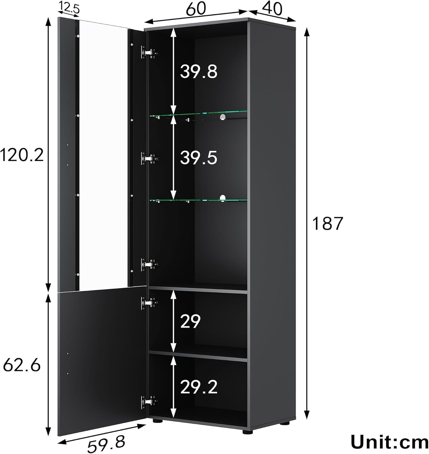 Tall 187cm Black Gloss LED Display Cabinet with Clear Front & Glass Shelves