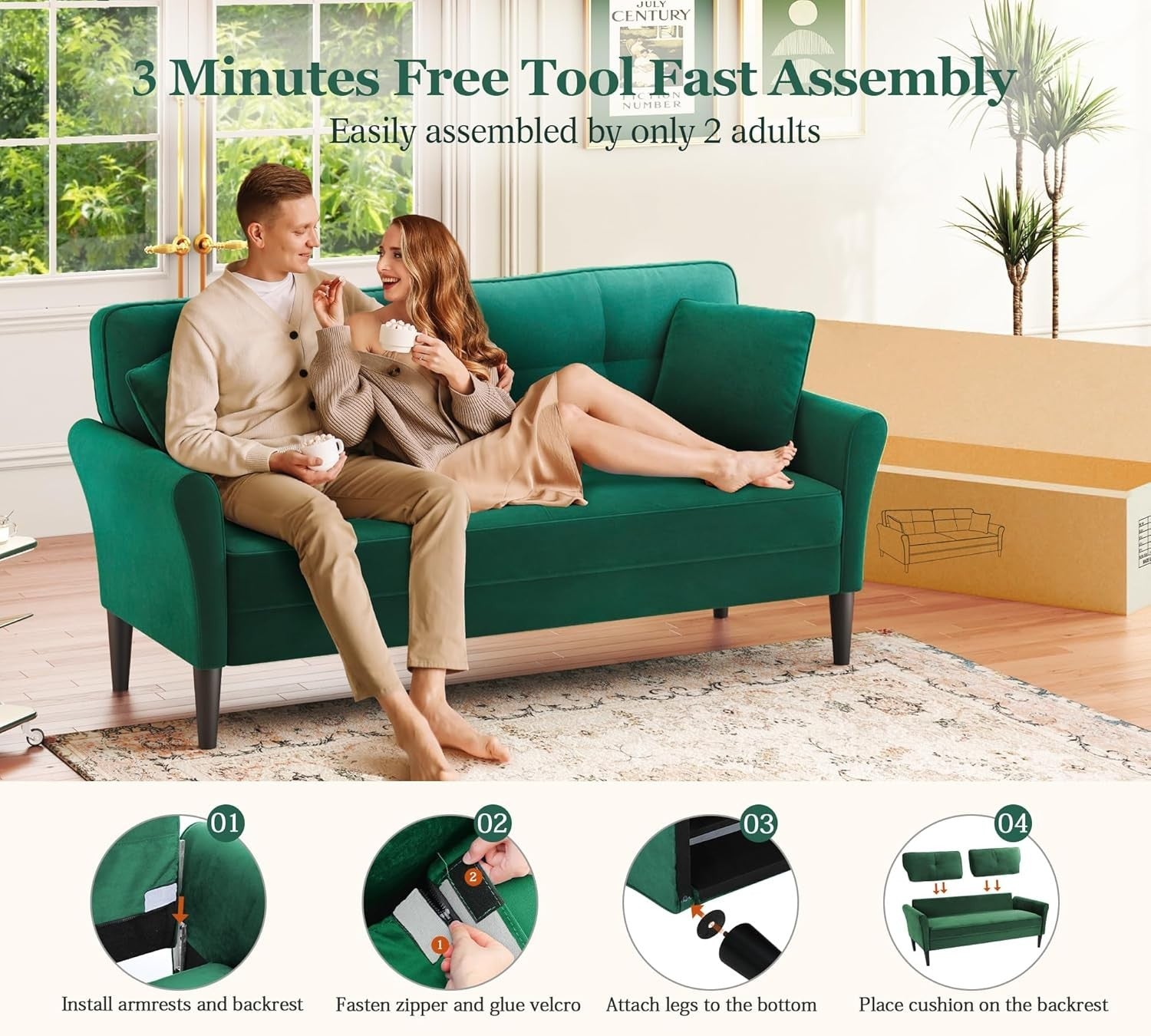 Velvet 3 Seater Sofa Bed 175cm Comfy Deep Seat Small Lounge Couch Green