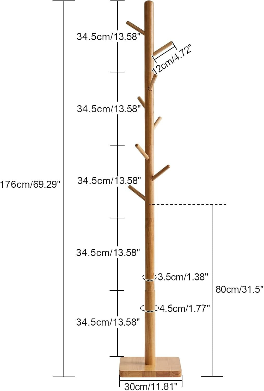 Natural Wooden Coat Rack Stand 8 Hooks 176cm Tall Hat Tree Organizer Modern