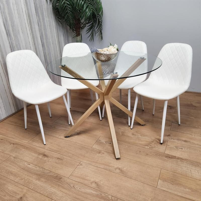 Round Glass Dining Table Set with 4 White Leather Chairs Oak Metal Legs