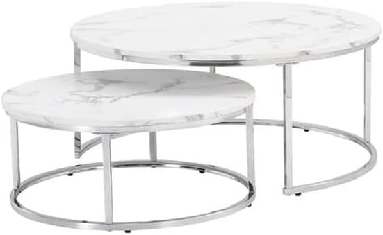 Round Marble Nesting Coffee Table Set 2 Art Deco White Chrome Modern Side Tables