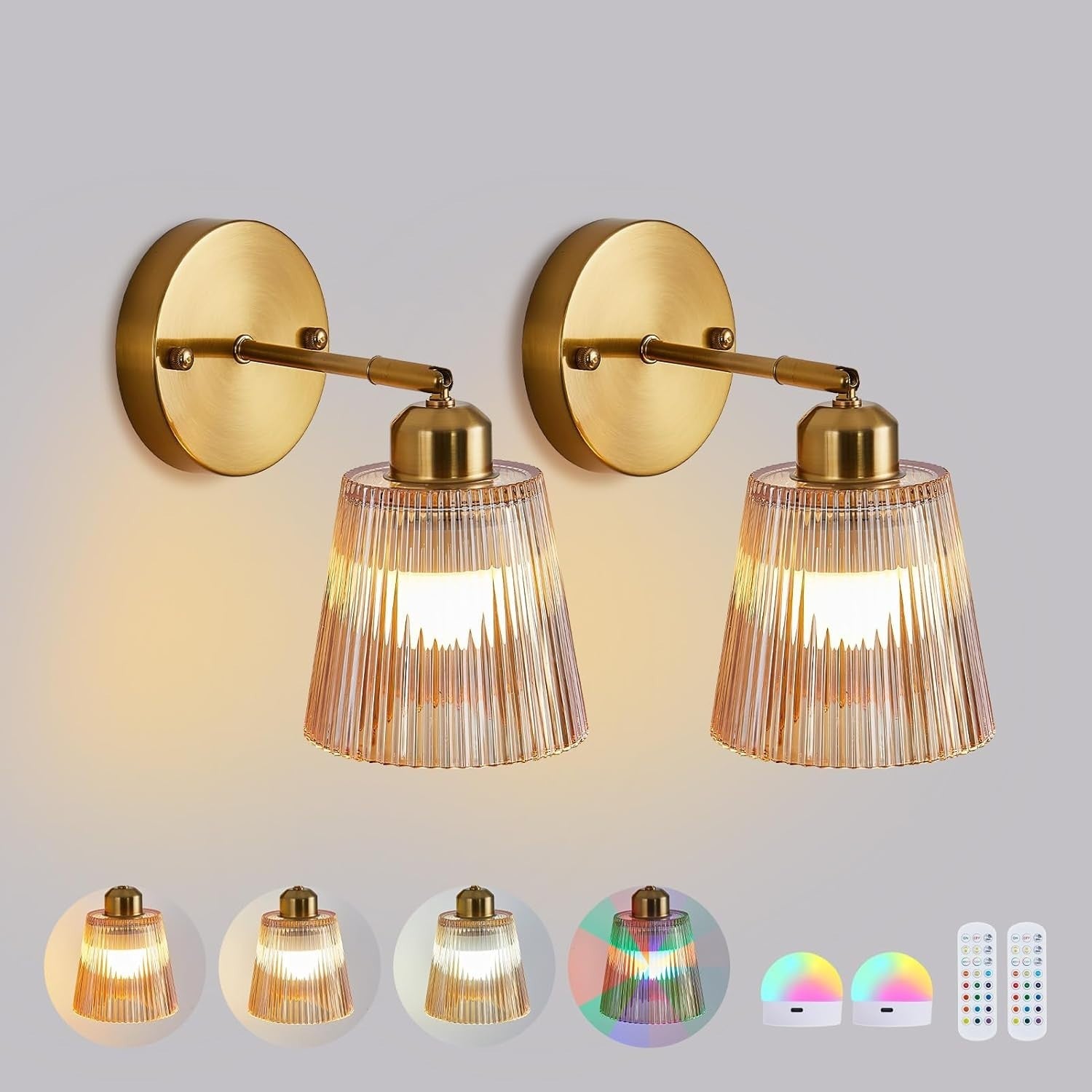 Vintage Amber Glass Battery Wall Sconce, Remote Control, Rechargeable LED