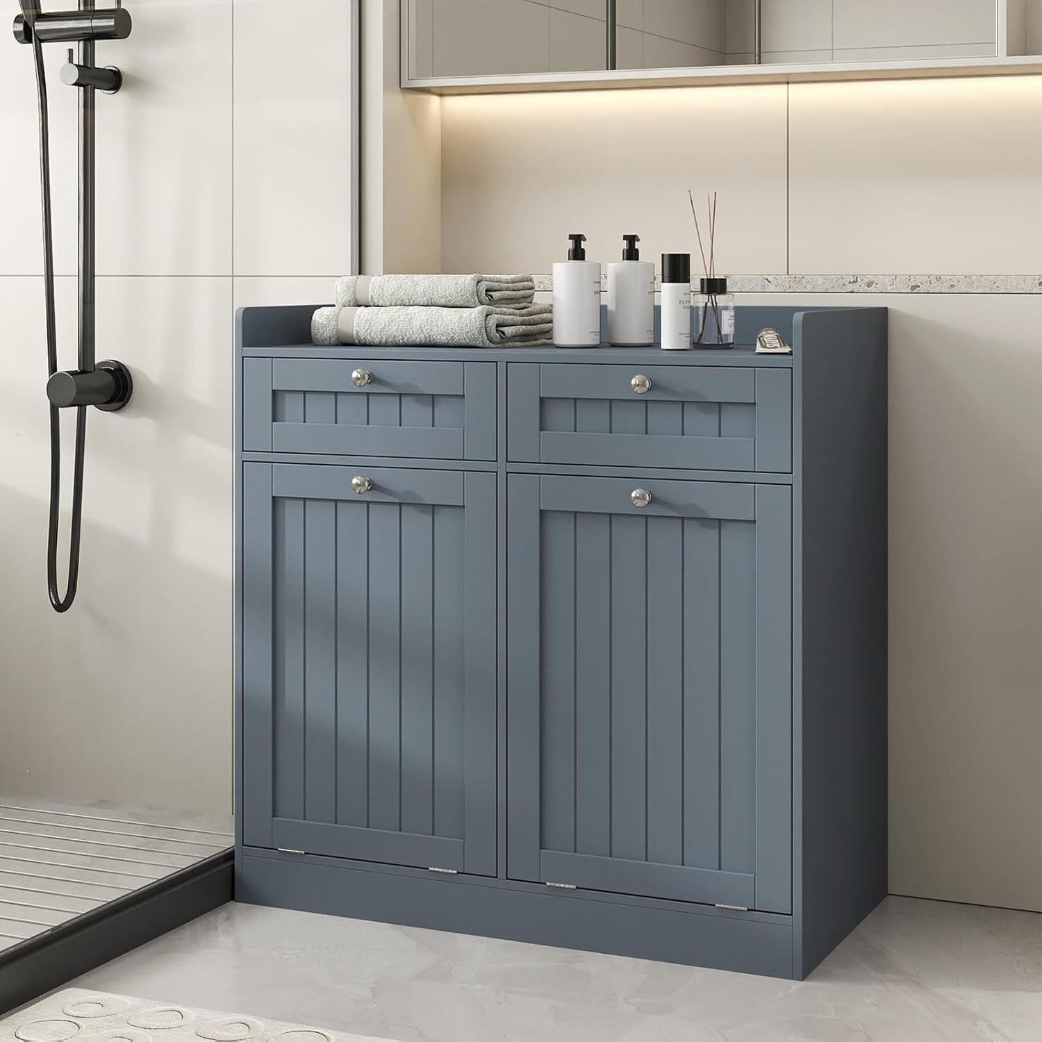 Grey Tilt-Out Laundry Cabinet with 2 Drawers & 2 Hampers Modern Bathroom Storage