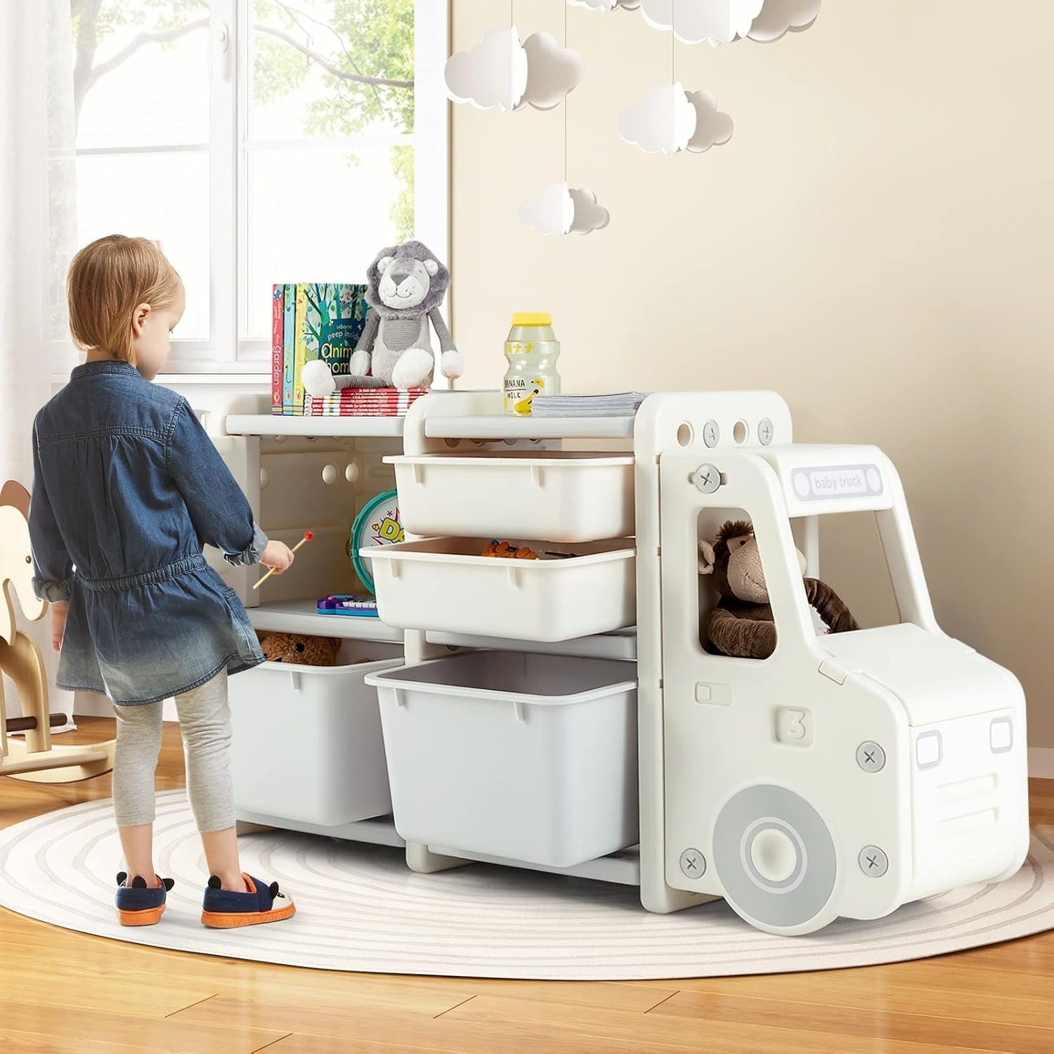 Kids Toy Storage Unit with Bins Drawers Cabinet Car Shape Shelf 112x35x66cm