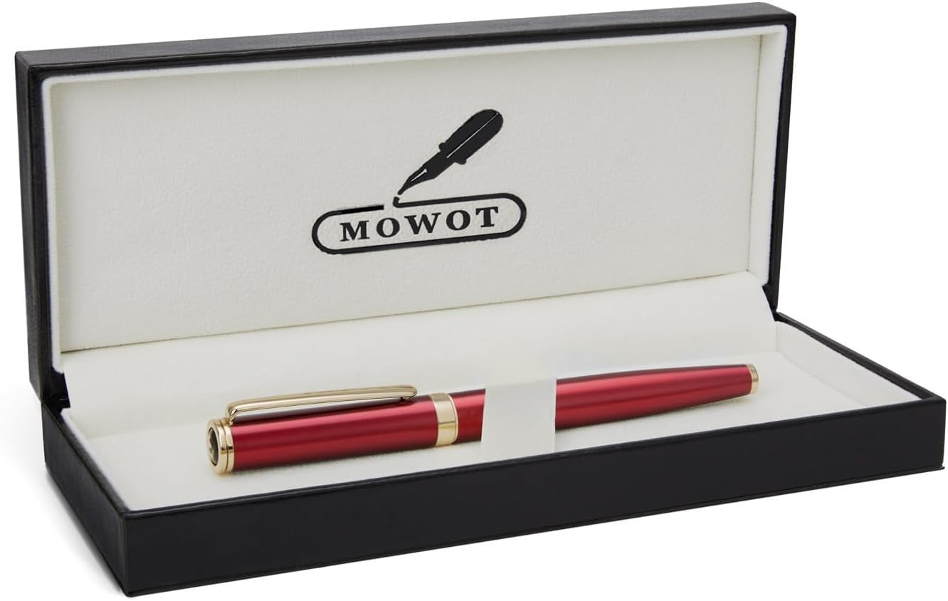 Luxury Rollerball Pen Red 24K Gold Trim Refillable Metal Leather Model