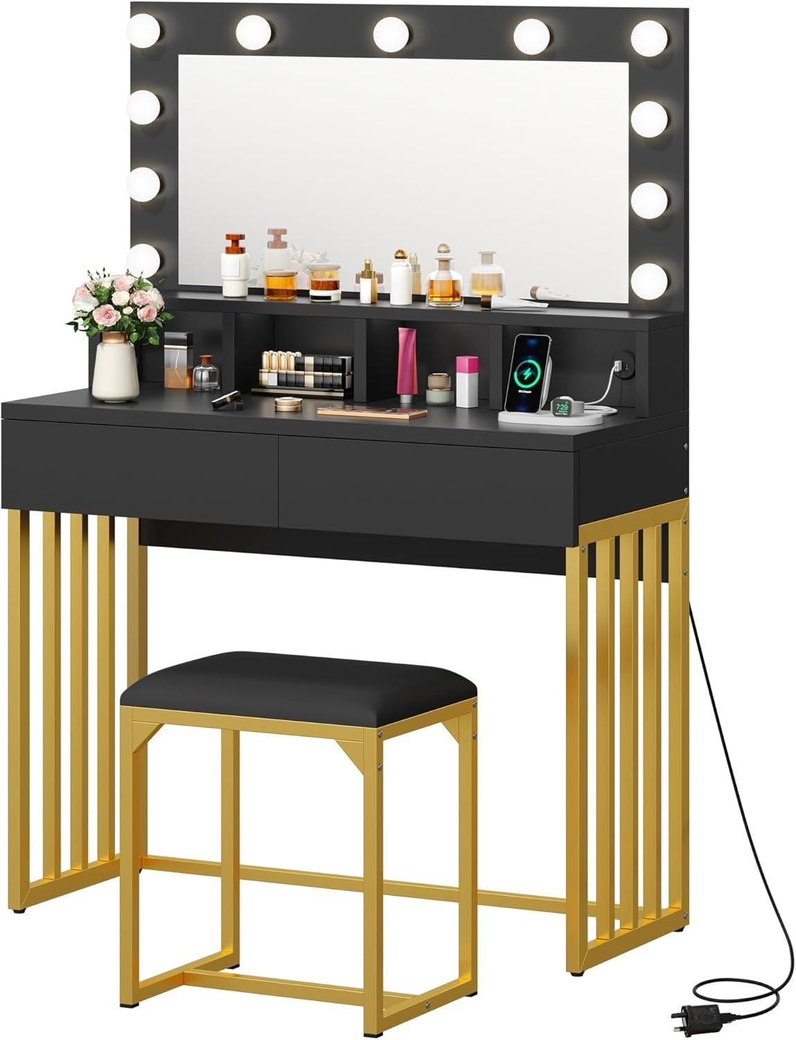 Hollywood Dressing Table Makeup Vanity Desk w/ Lighted Mirror Stool Drawers USB