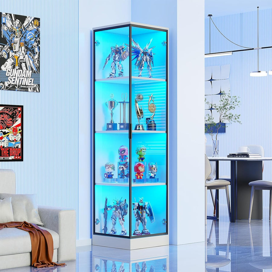 White LED Corner Display Cabinet 4-Tier Glass Showcase Unit with Sensor Lighting