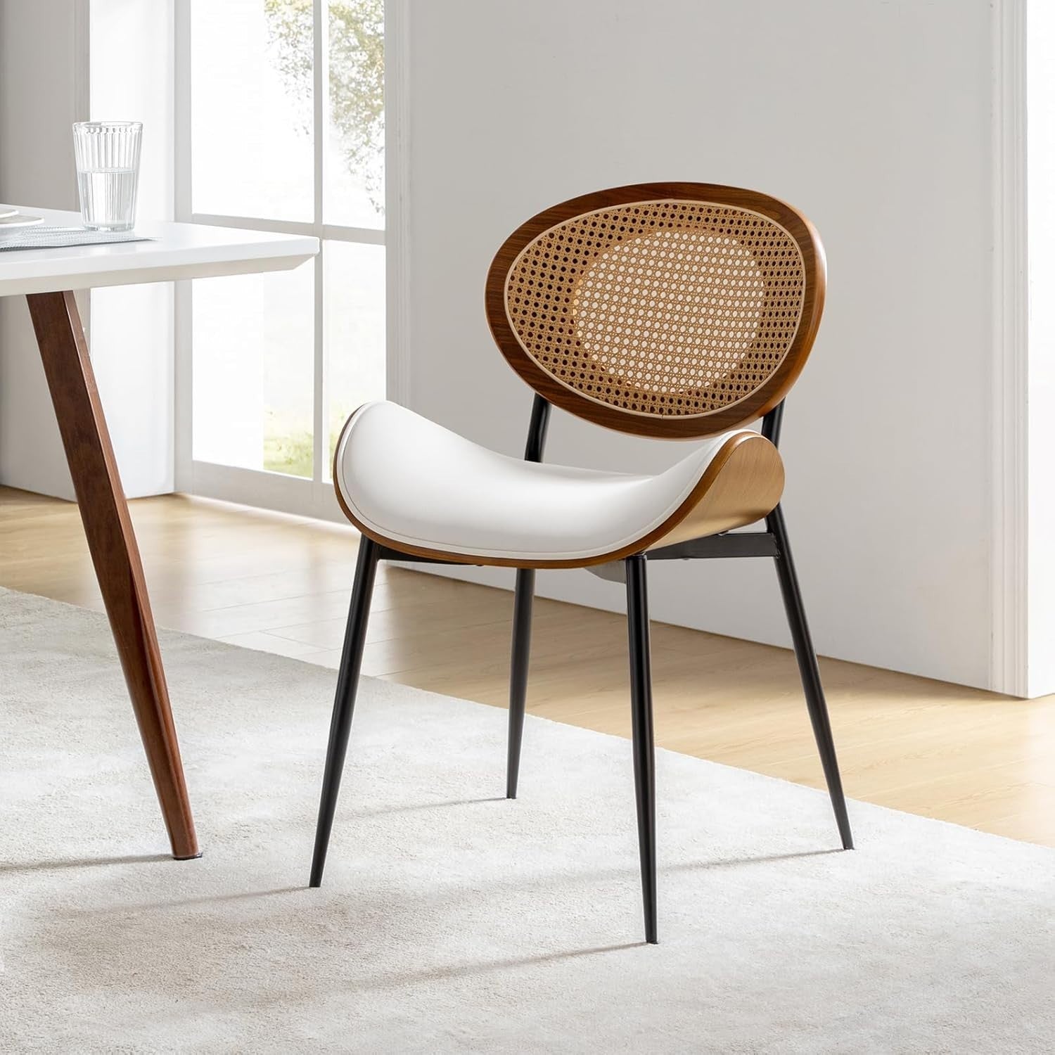 Set of 6 Upholstered Dining Chairs Rattan Back Wooden Frame Kitchen Seats