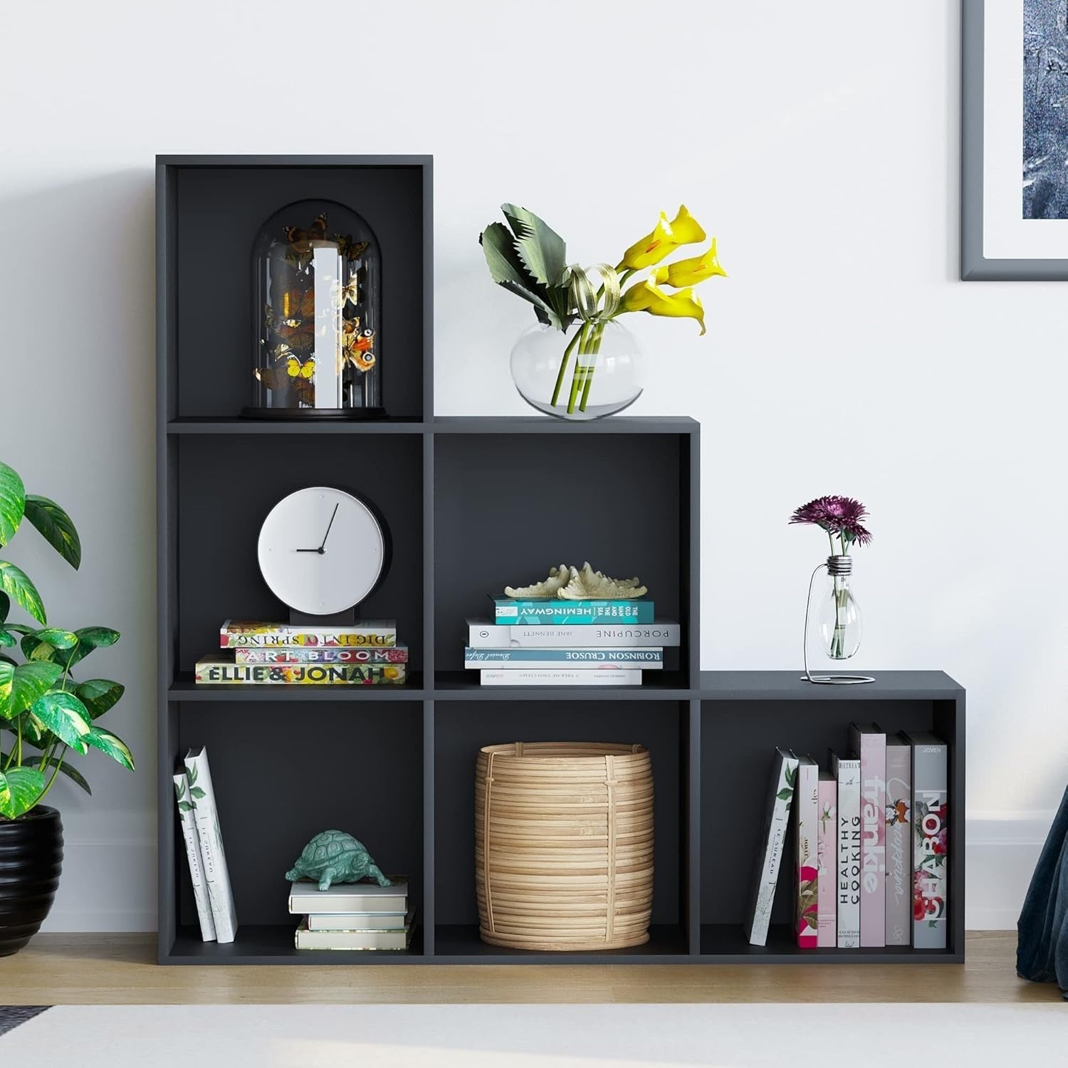 6 Cube Staircase Storage Shelf Black Modern Durable Organizer