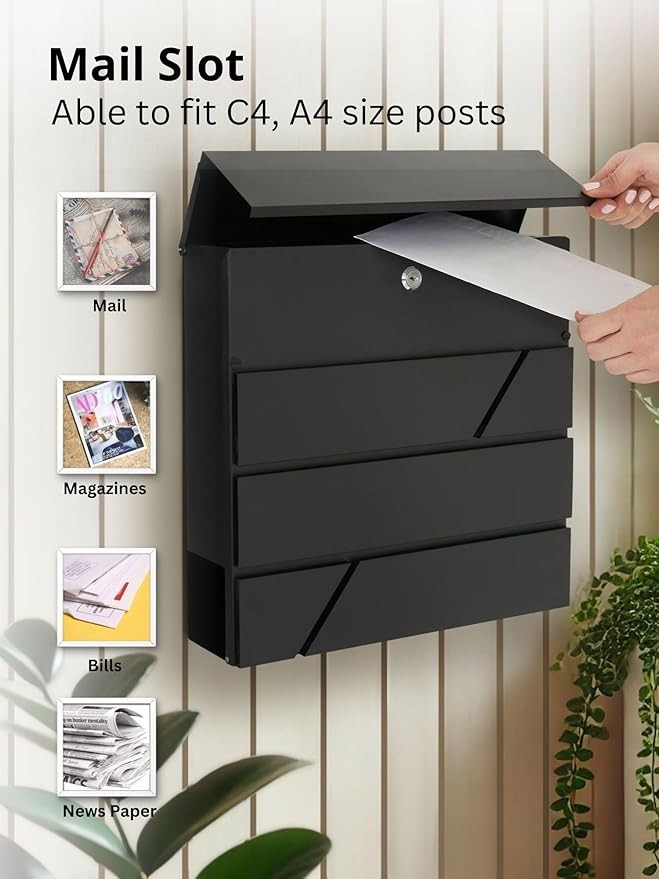 Lockable Wall Mounted Mailbox Black Steel Weatherproof Post Box w/ Keys & Holder