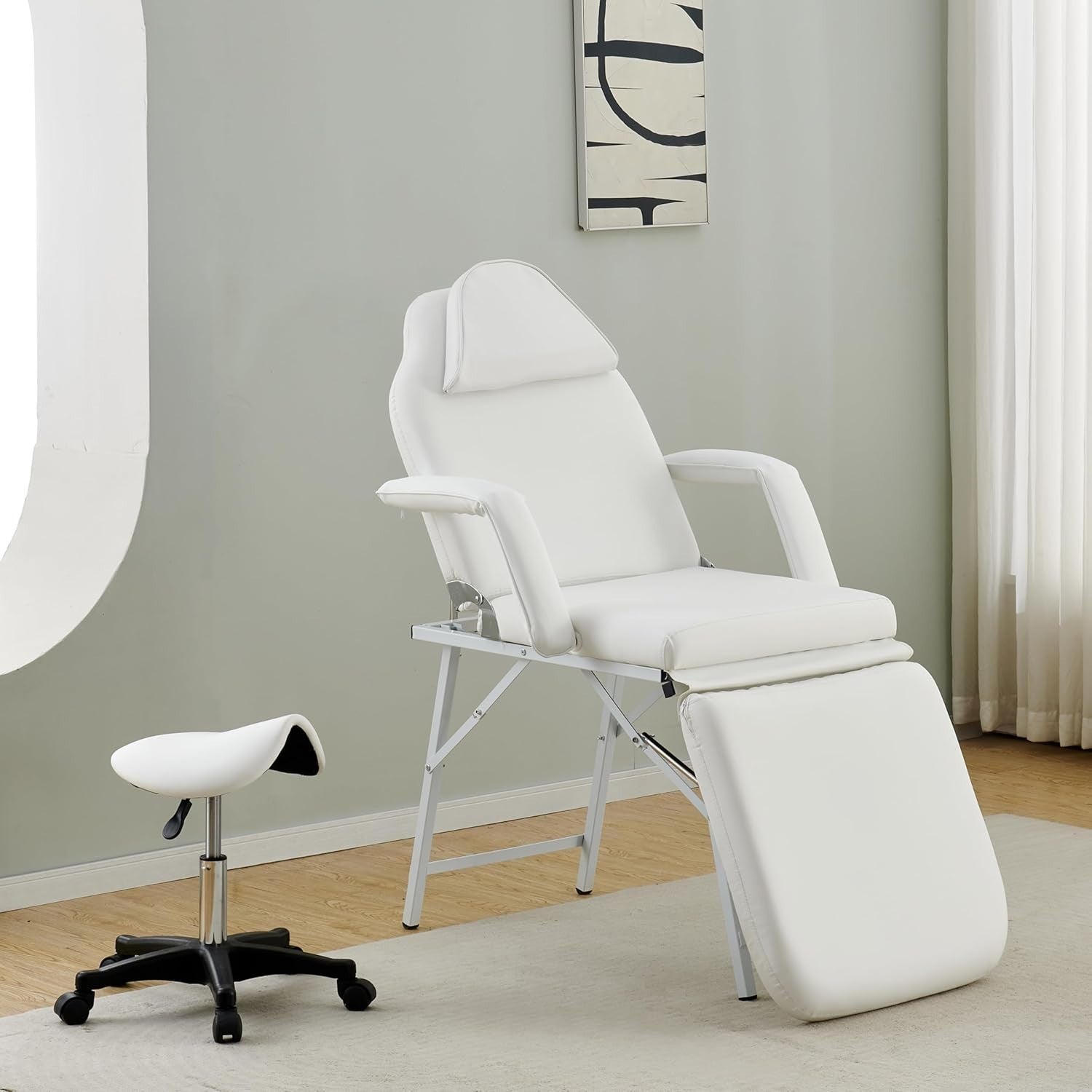 Portable 3-Section Folding Beauty Massage Bed w/ Head Cushion Swivel Stool White