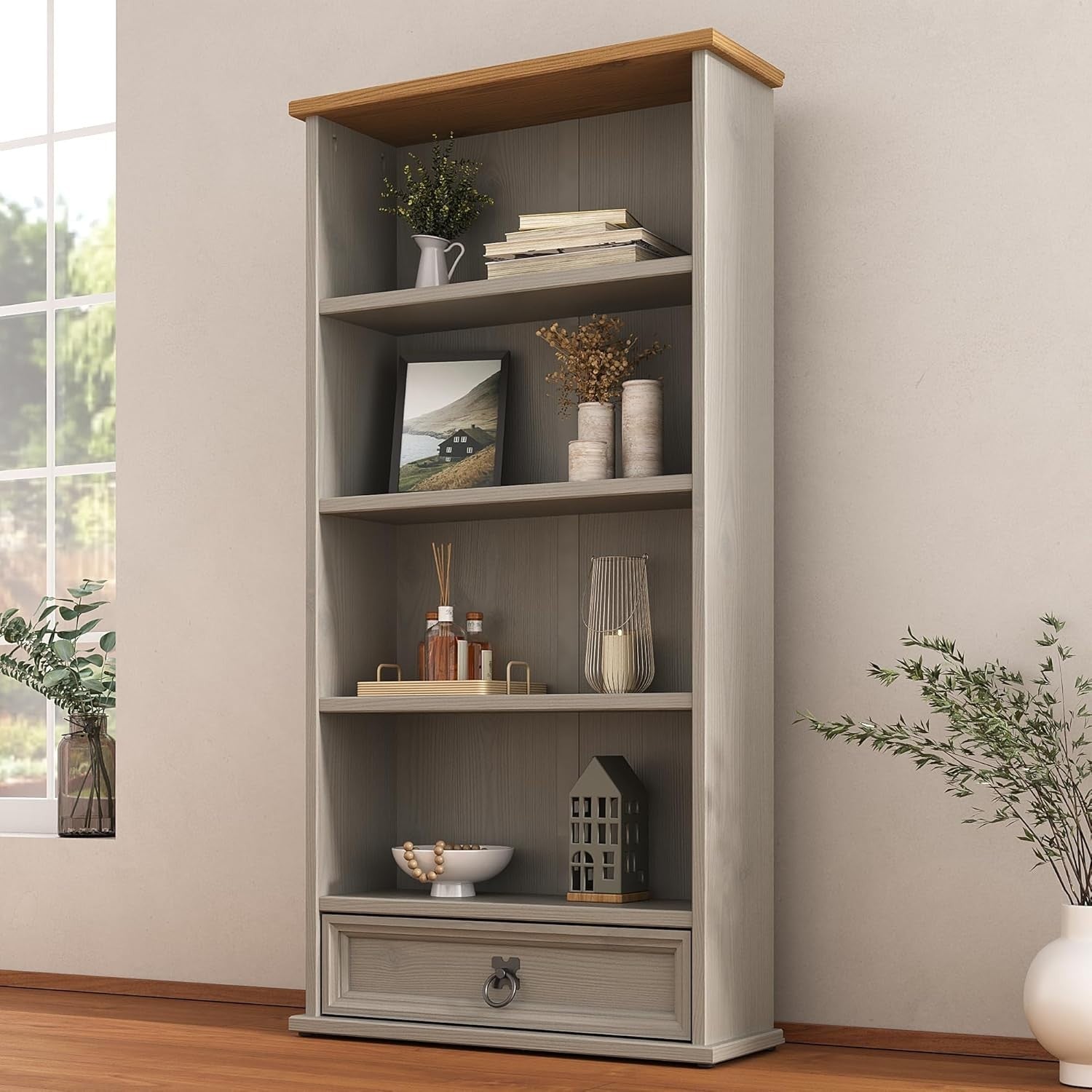 Grey Solid Pine DVD CD Storage Bookcase 1 Drawer Media Rack Unit