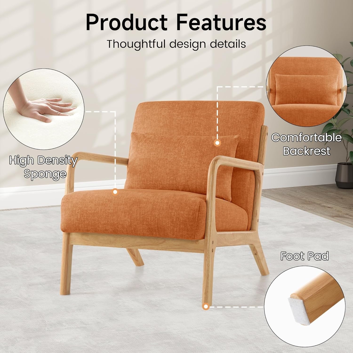 Orange Accent Chairs Set of 2 Mid Century Wood Frame Lounge Seats