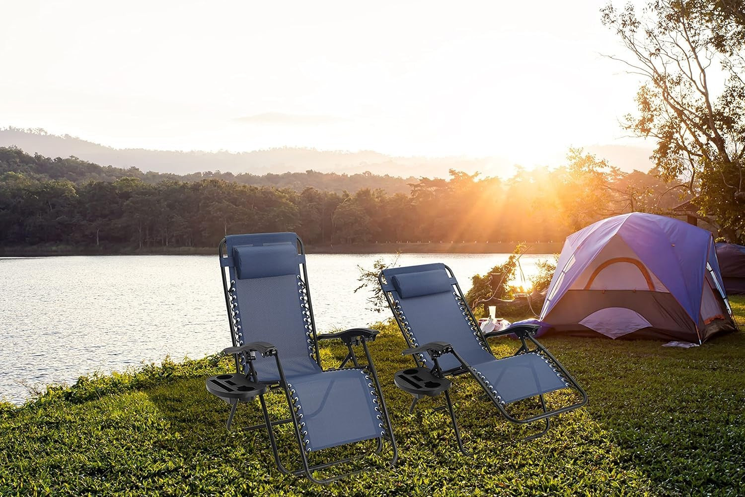 Zero Gravity Outdoor Reclining Chairs Set of 2 Foldable Sun Loungers Navy