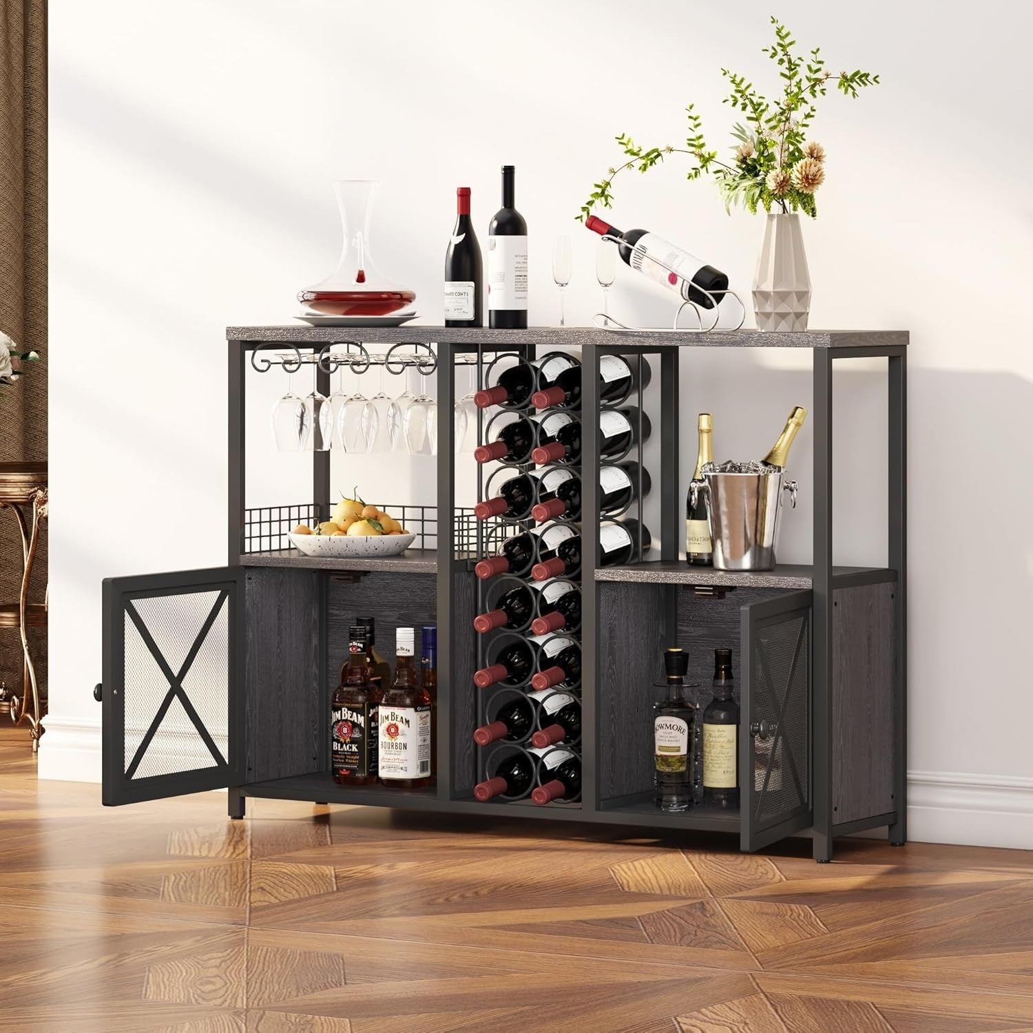 Rustic Home Bar Cabinet with Wine Rack & Glass Holder, Liquor Sideboard Storage