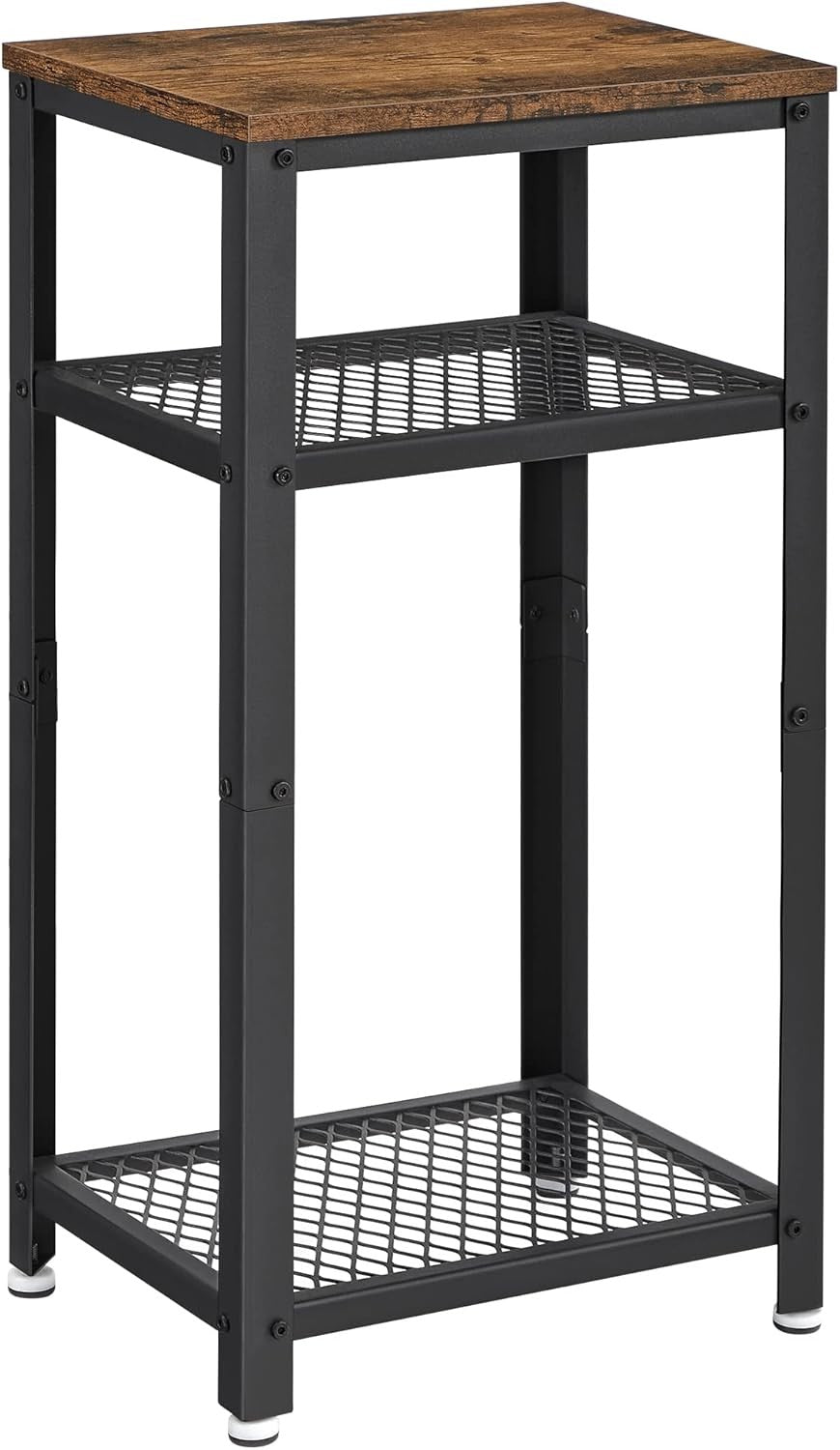 Tall Rustic Side Table with 2 Mesh Shelves, Industrial Bedside or Sofa End Stand
