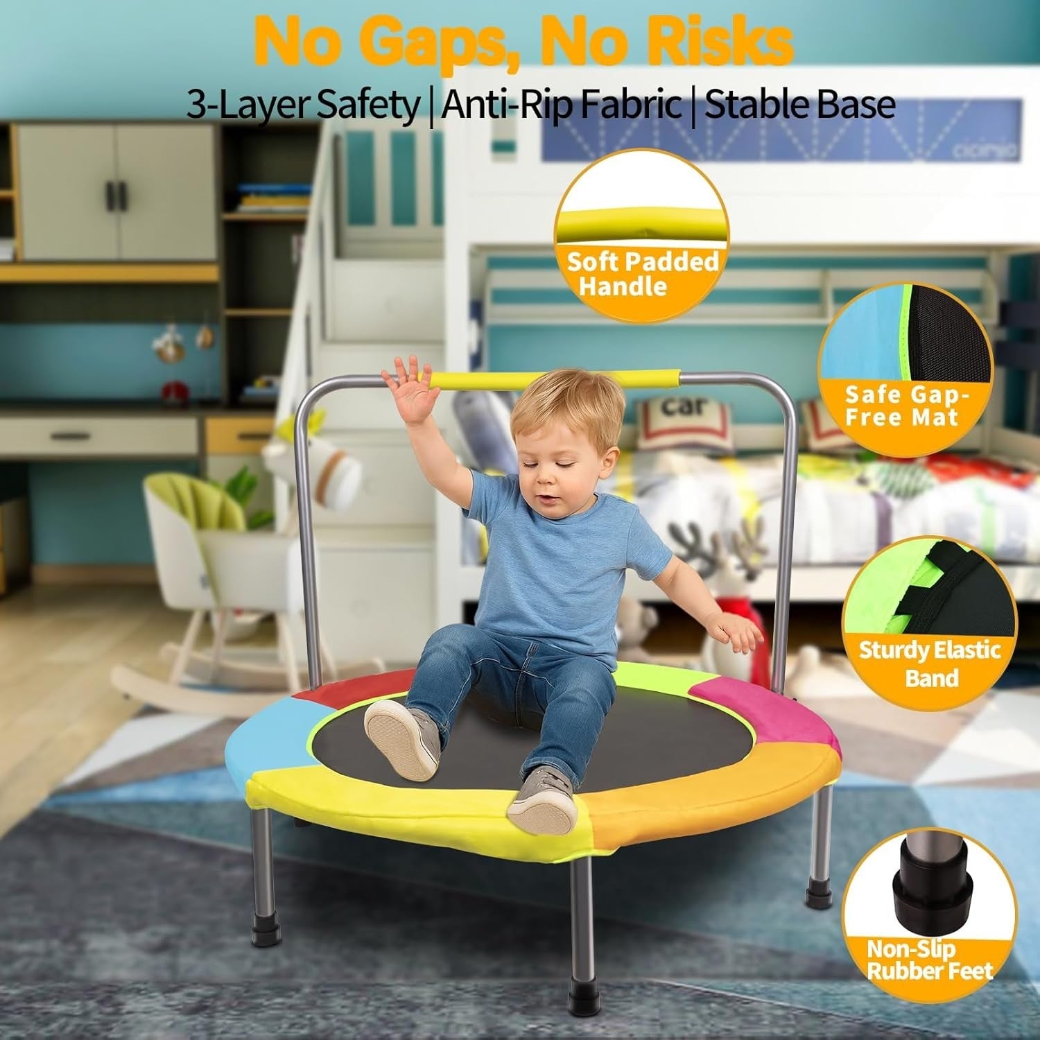 37 Inch Foldable Kids Trampoline Indoor Outdoor Toddler Bounce Handle