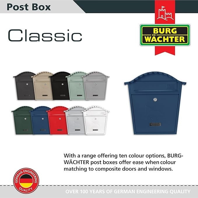 Wall Mounted Lockable Steel Post Box Midnight Blue Weatherproof 36x37x13cm