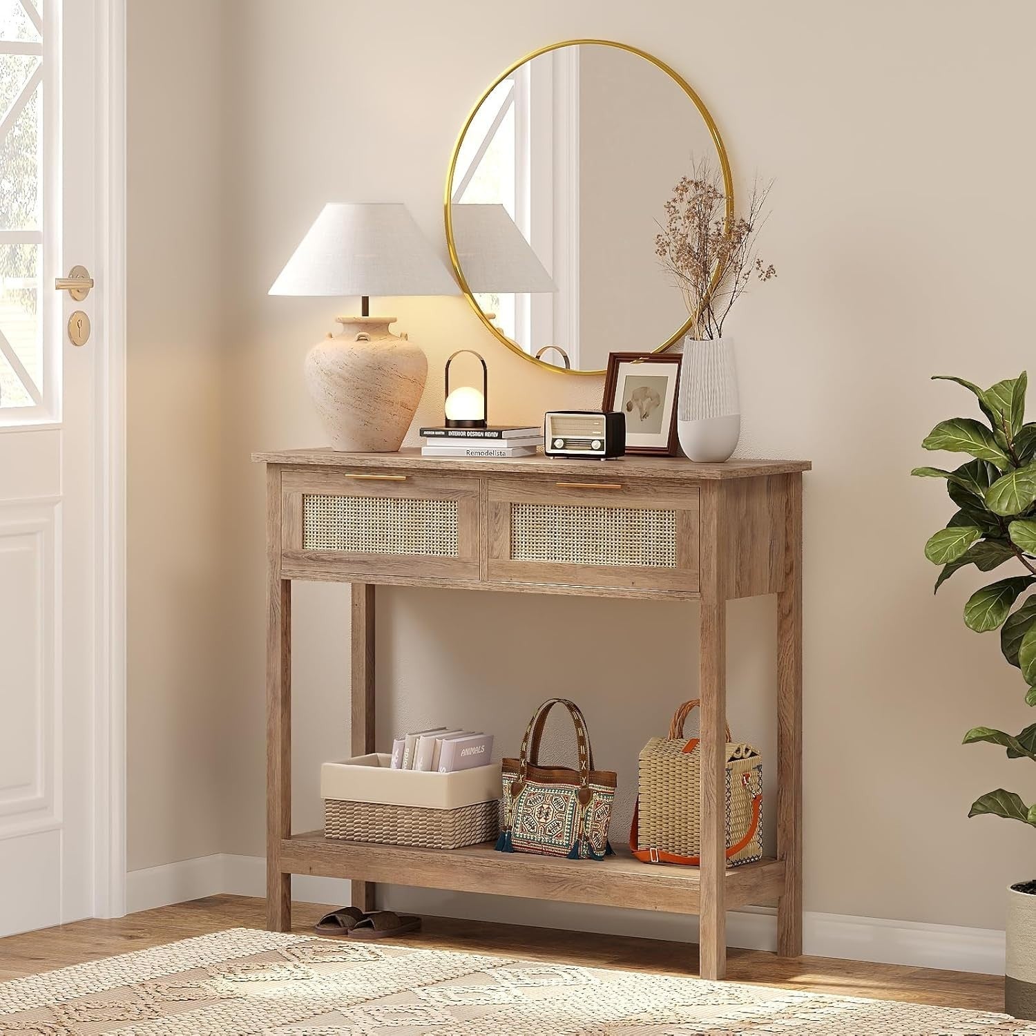 Rustic Boho Rattan Console Table with Drawers & Open Shelf, 29.5"x100"x81.5"