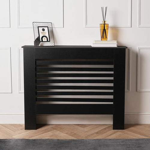 Medium Black Slatted Radiator Cover 102x19x82cm – Modern MDF Heating Cabinet