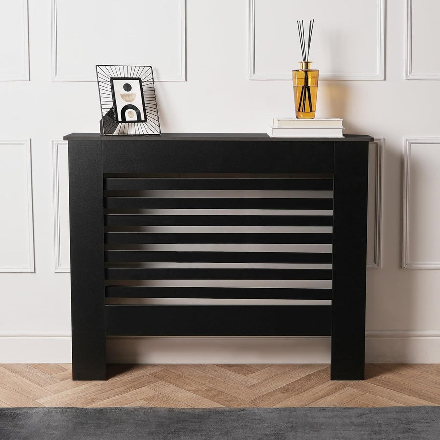 Medium Black Slatted Radiator Cover 102x19x82cm – Modern MDF Heating Cabinet