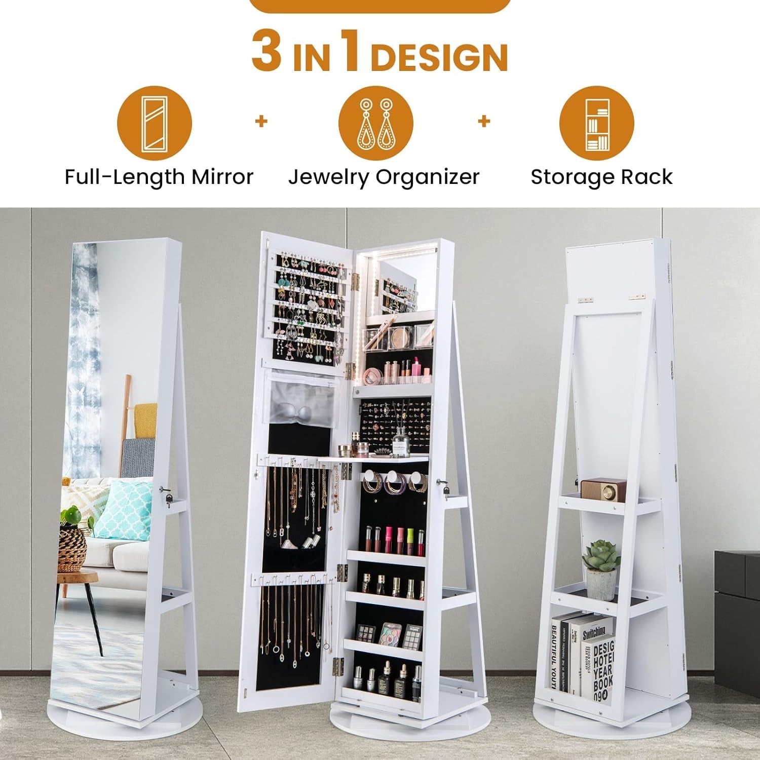 White 360° Swivel LED Jewelry Cabinet Mirror Lockable 3-in-1 Storage