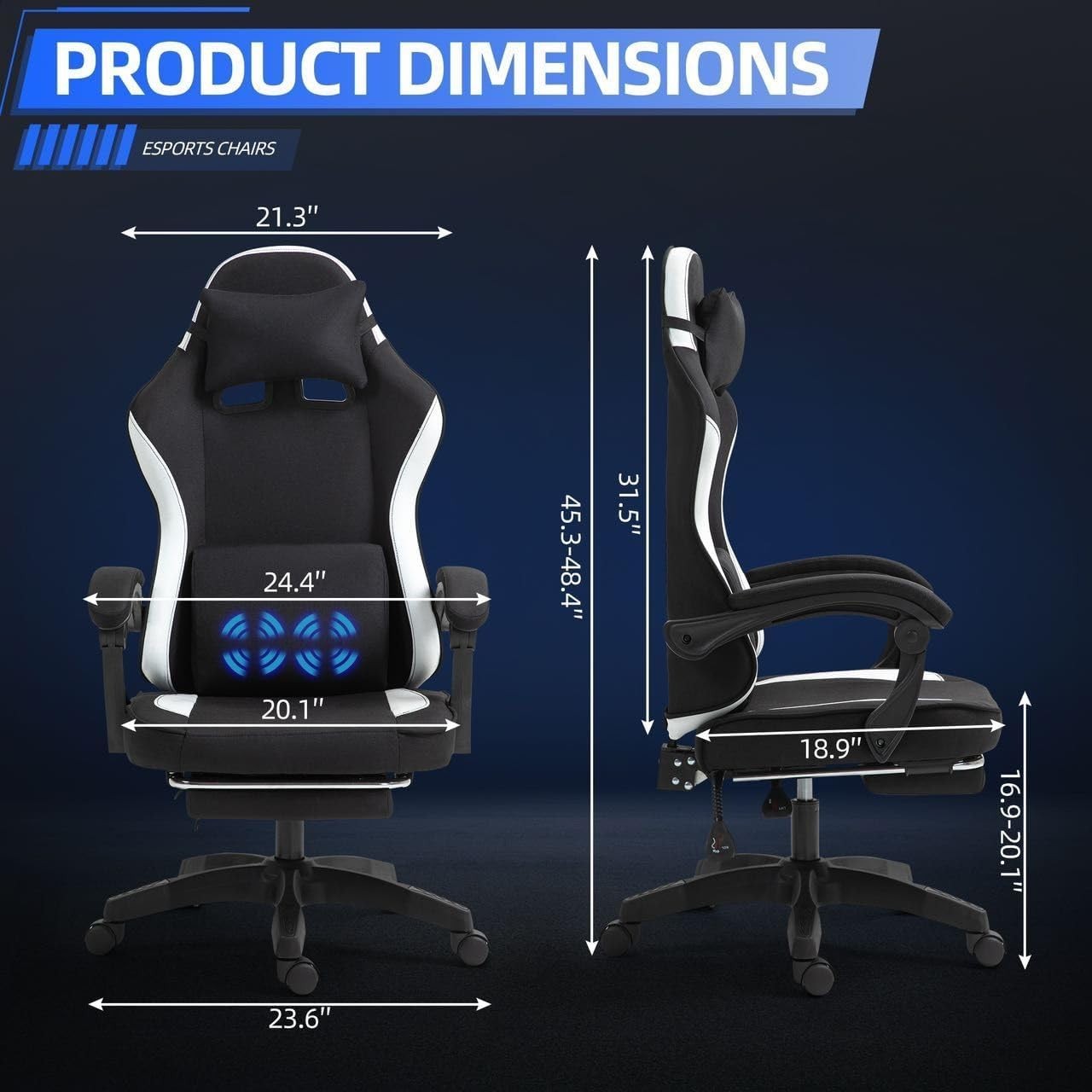 Ergonomic Black Gaming Chair Massage Lumbar Support Adjustable Reclining Footres