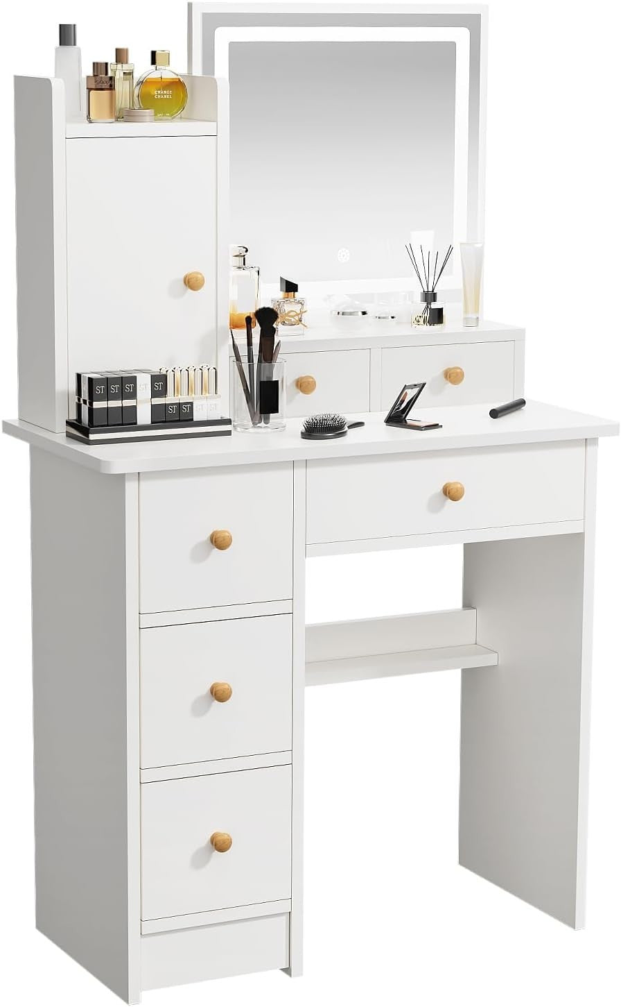 Modern Makeup Vanity Desk Adjustable Mirror 6 Drawers Wood Dresser 40x80x130cm