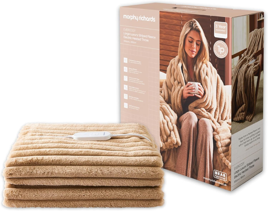 Electric Heated Throw Blanket 200x180cm Teddy Fleece 9 Heat Mocca Striped