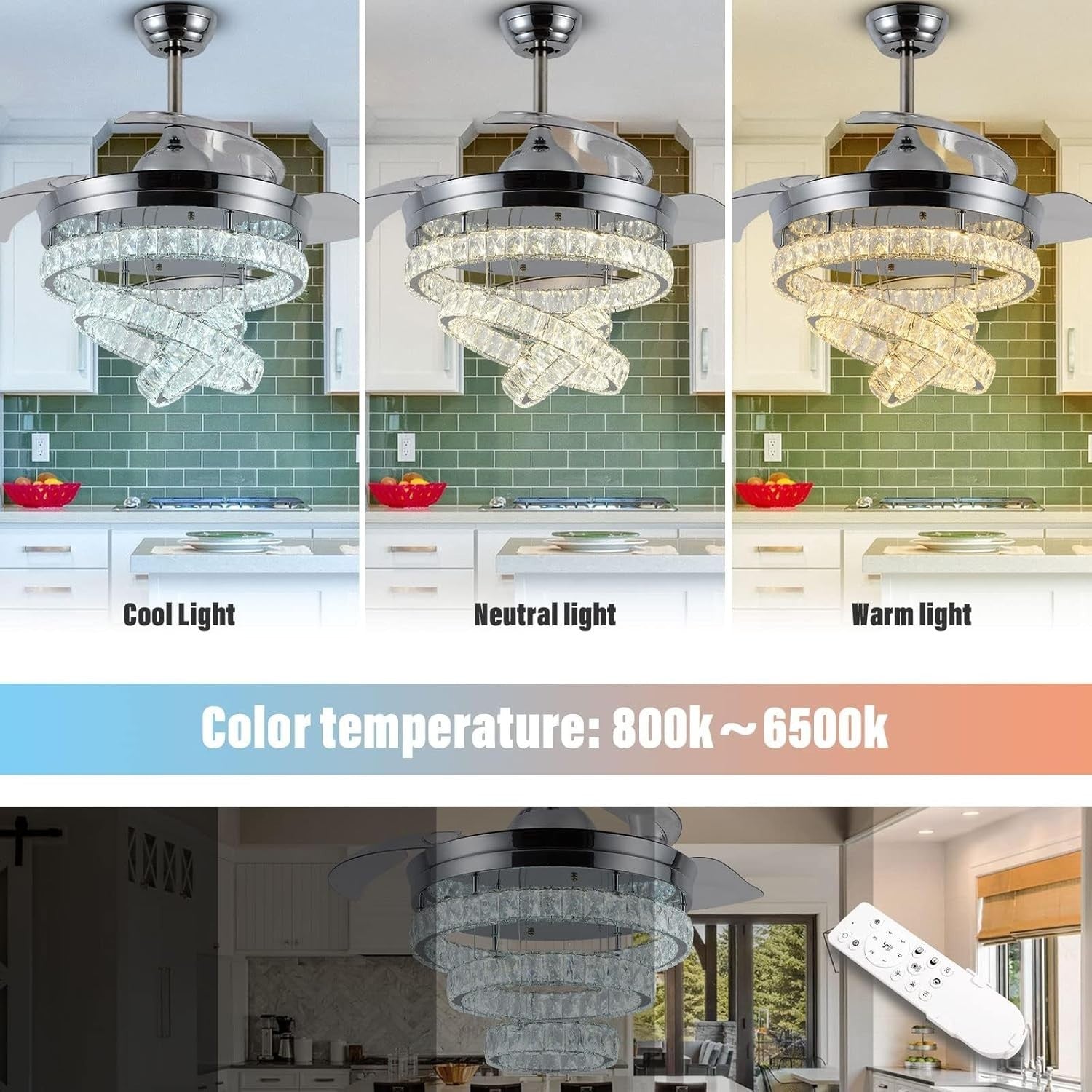 DiiSunBihuo 42" Chrome Fandelier, Crystal Fan, Reversible Motor, 3-Color LED