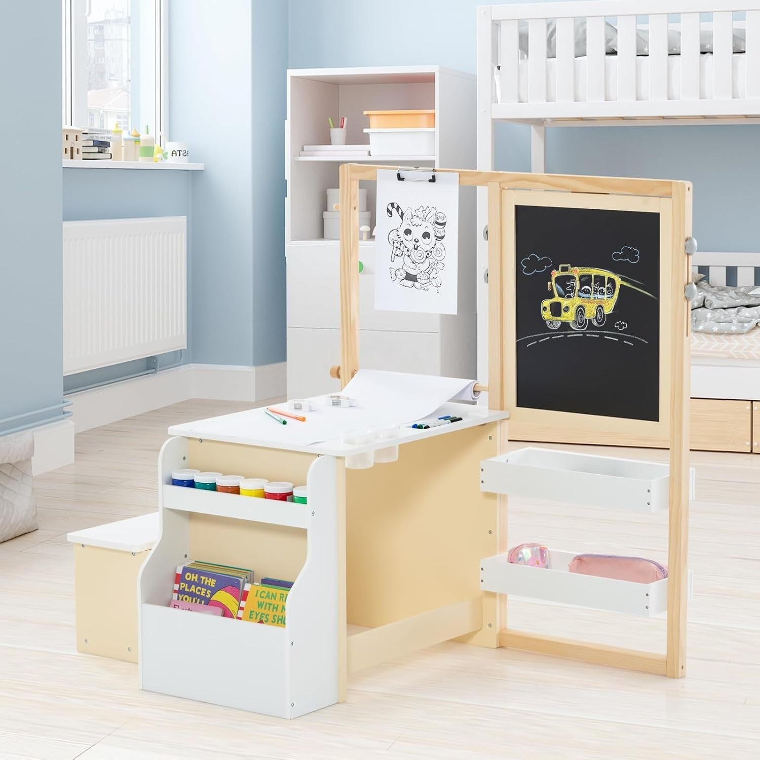 Kids 3 in 1 Art Table and Bench Set with Easel Bookshelf White Natural